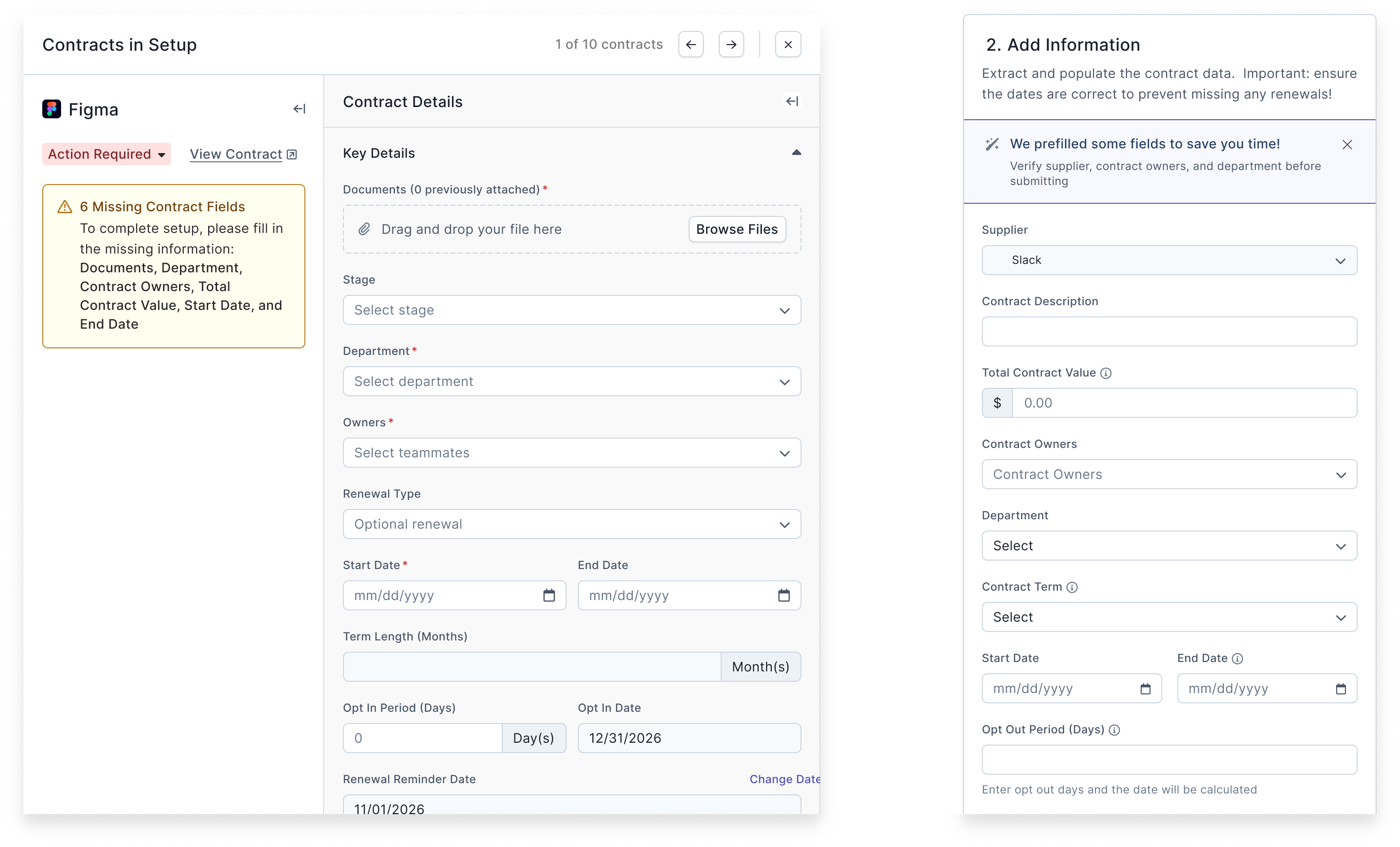 Screenshots of two contract forms with shared fields but different layouts